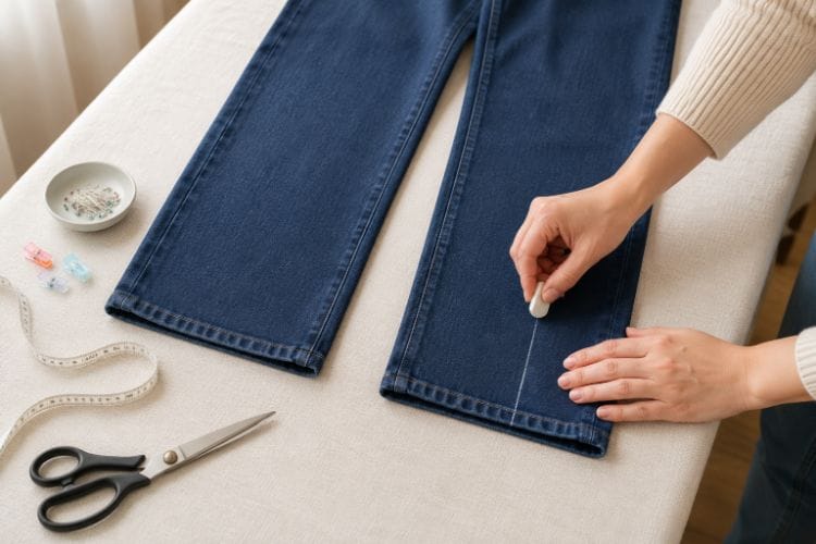 Mặc thử và đánh dấu trước giúp hạn chế sửa lệch hai bên ống quần